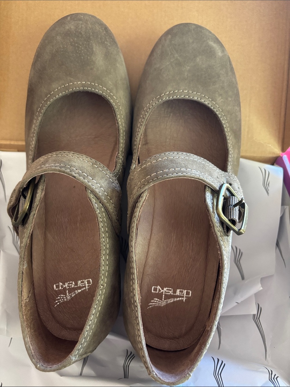 Dansko Taupe Mary Jane Leather Flats with Buckle